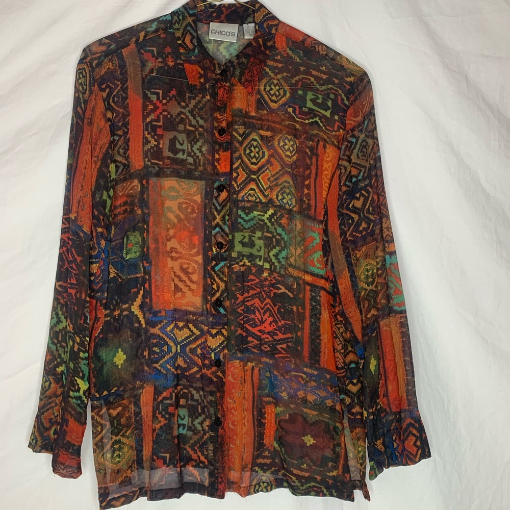 Chico’s semi-sheer silk blouse sizeS (size 0) long sleeve button